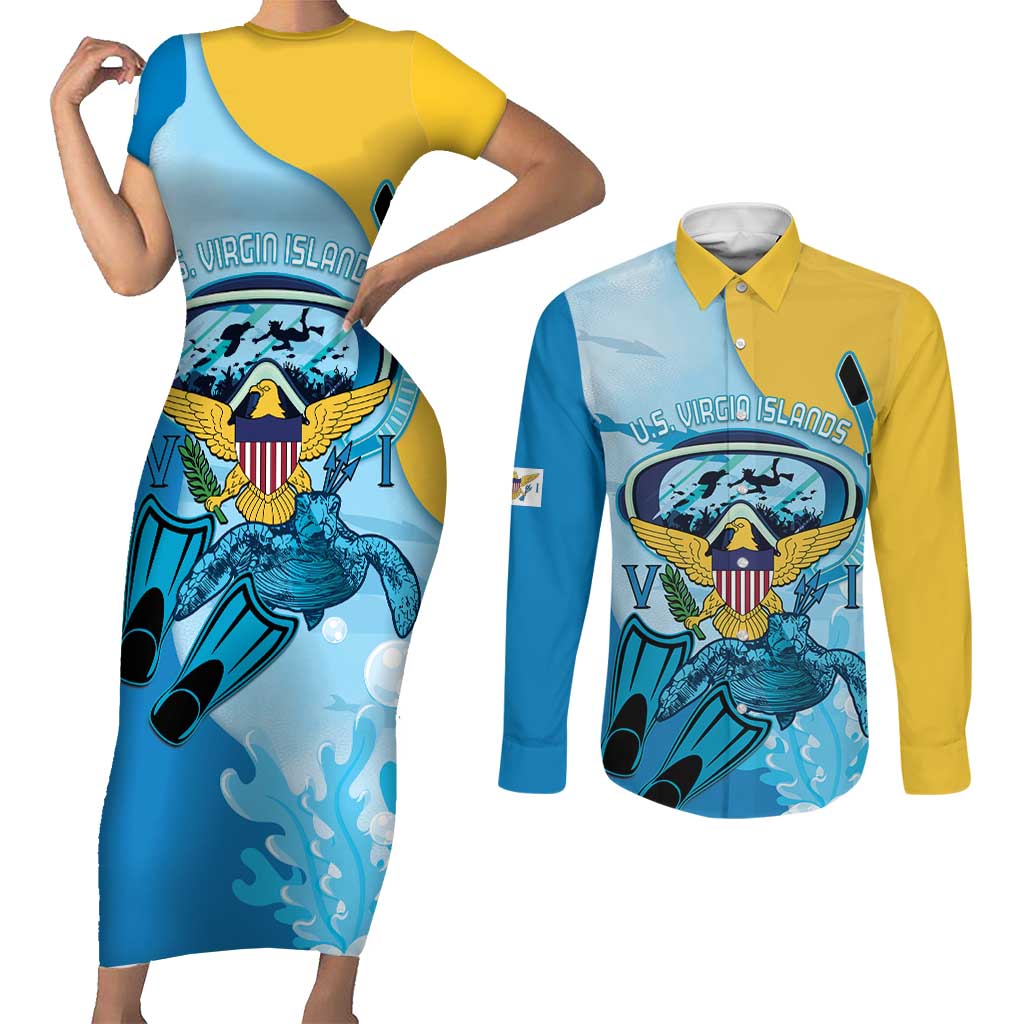US Virgin Islands Snorkeling Couples Matching Short Sleeve Bodycon Dress and Long Sleeve Button Shirt Sea Turtle Snorkel Ocean Style - Wonder Print Shop