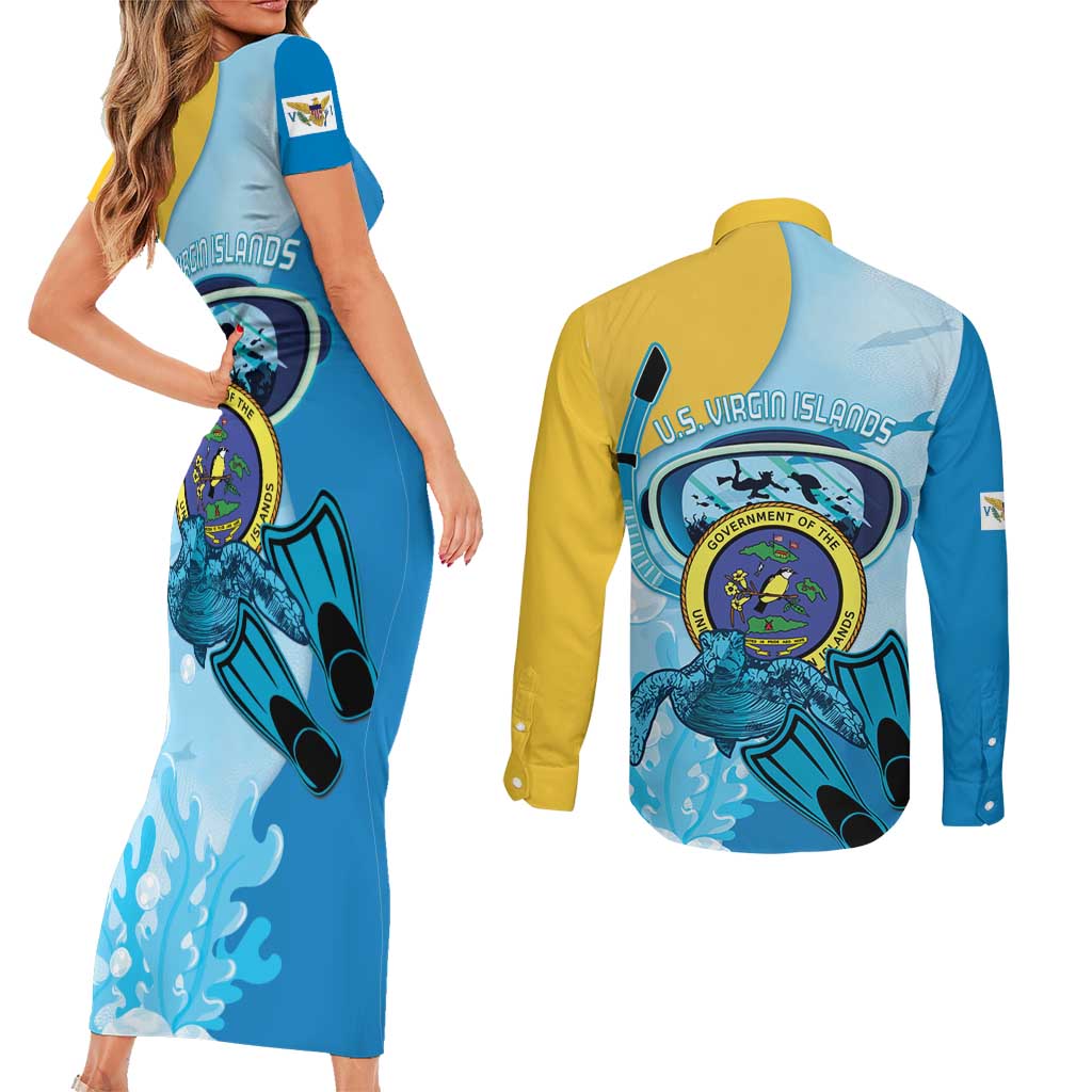 US Virgin Islands Snorkeling Couples Matching Short Sleeve Bodycon Dress and Long Sleeve Button Shirt Sea Turtle Snorkel Ocean Style - Wonder Print Shop