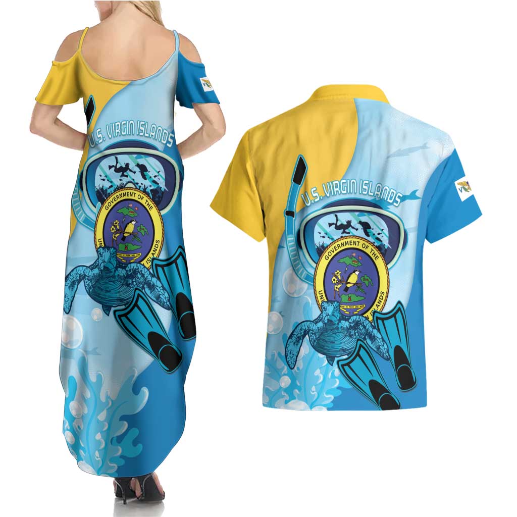 US Virgin Islands Snorkeling Couples Matching Summer Maxi Dress and Hawaiian Shirt Sea Turtle Snorkel Ocean Style - Wonder Print Shop