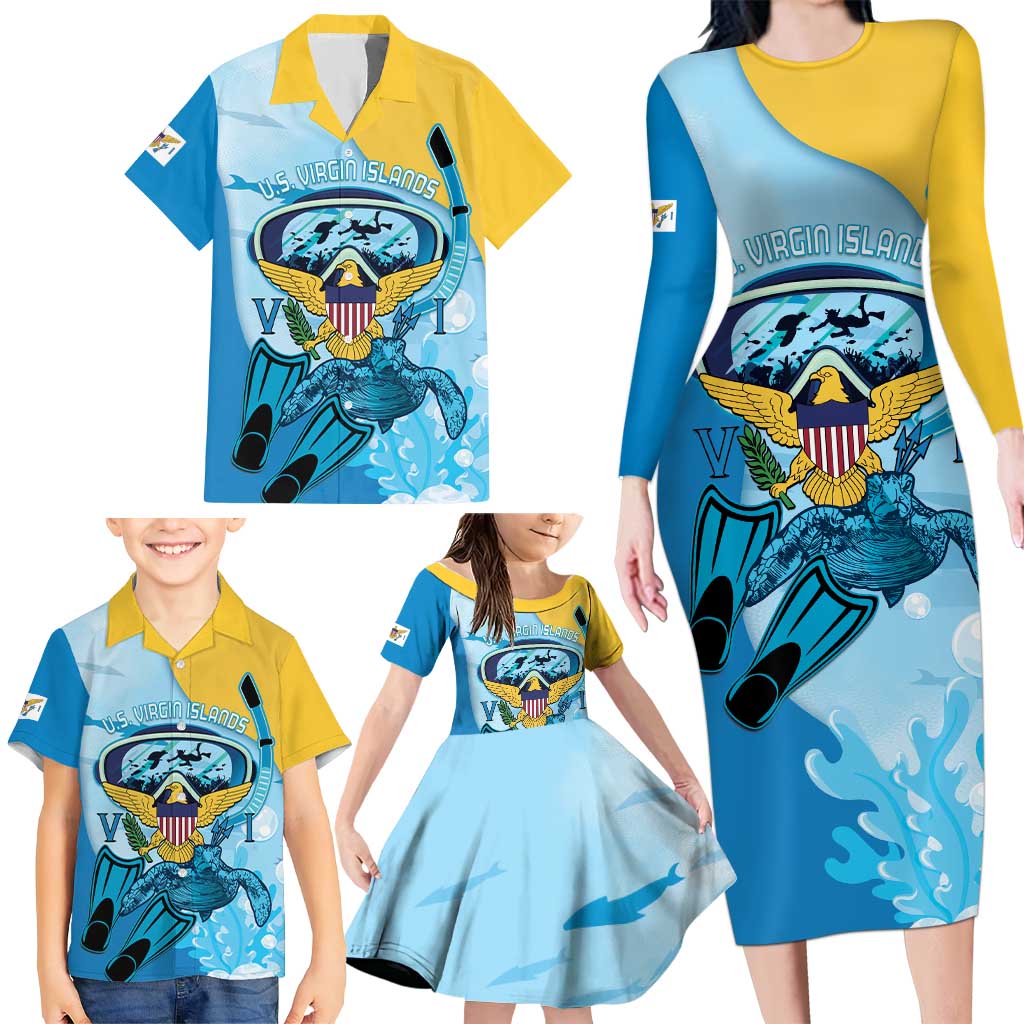 US Virgin Islands Snorkeling Family Matching Long Sleeve Bodycon Dress and Hawaiian Shirt Sea Turtle Snorkel Ocean Style - Wonder Print Shop
