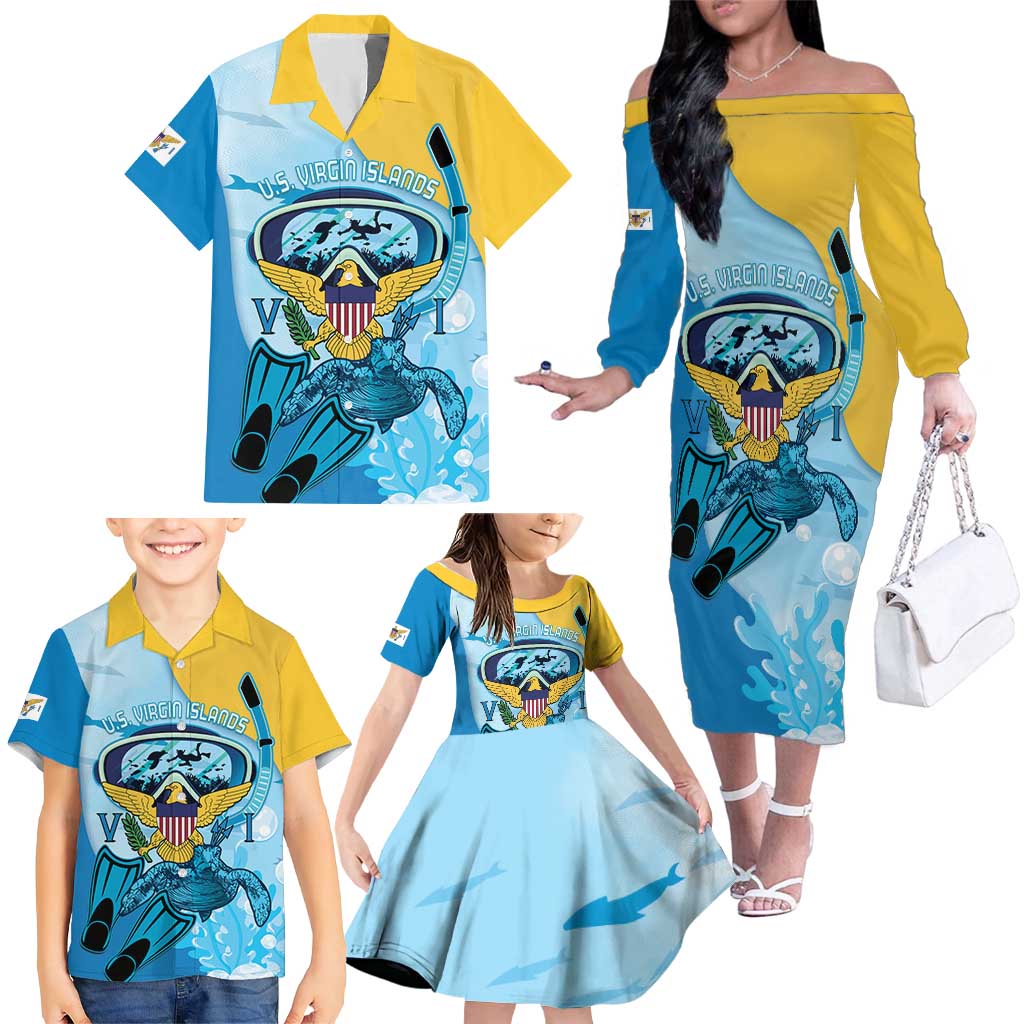 US Virgin Islands Snorkeling Family Matching Off The Shoulder Long Sleeve Dress and Hawaiian Shirt Sea Turtle Snorkel Ocean Style - Wonder Print Shop