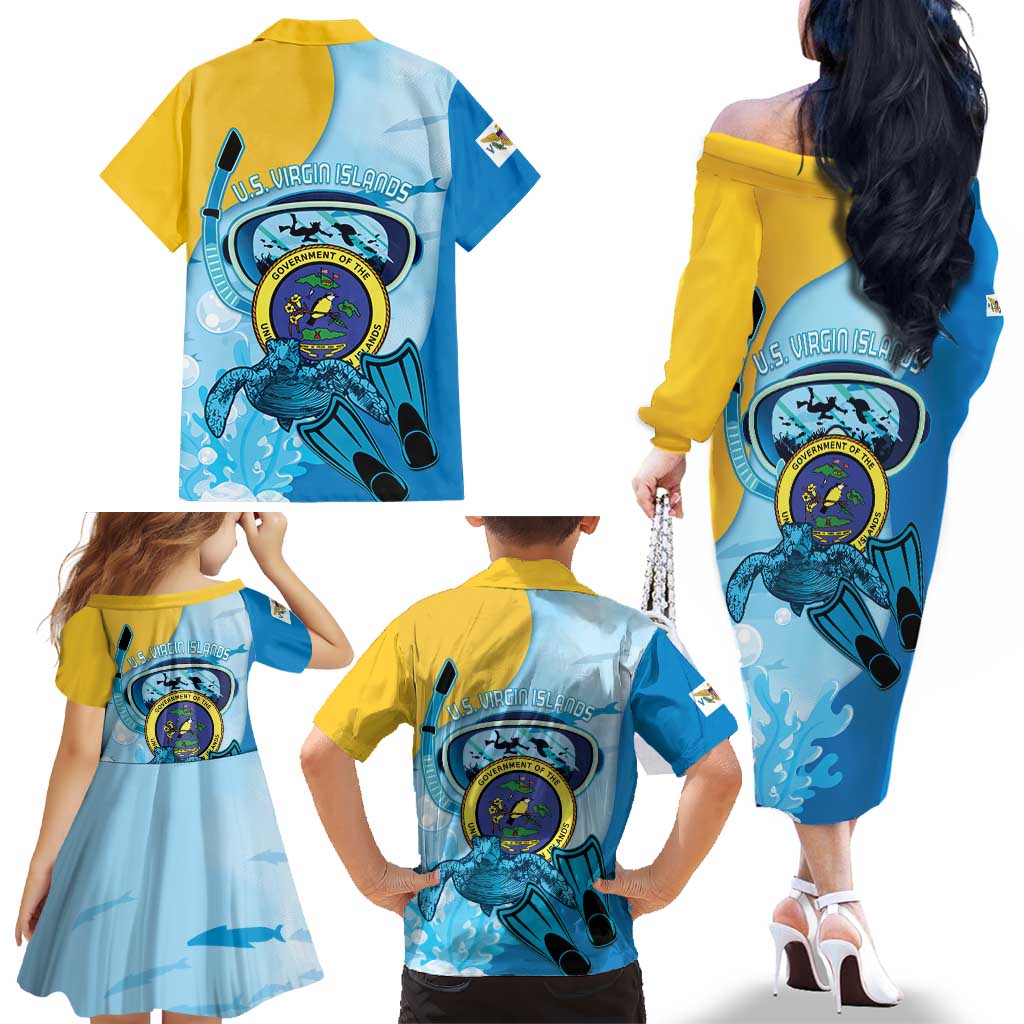 US Virgin Islands Snorkeling Family Matching Off The Shoulder Long Sleeve Dress and Hawaiian Shirt Sea Turtle Snorkel Ocean Style - Wonder Print Shop