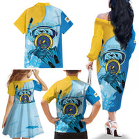 US Virgin Islands Snorkeling Family Matching Off The Shoulder Long Sleeve Dress and Hawaiian Shirt Sea Turtle Snorkel Ocean Style - Wonder Print Shop
