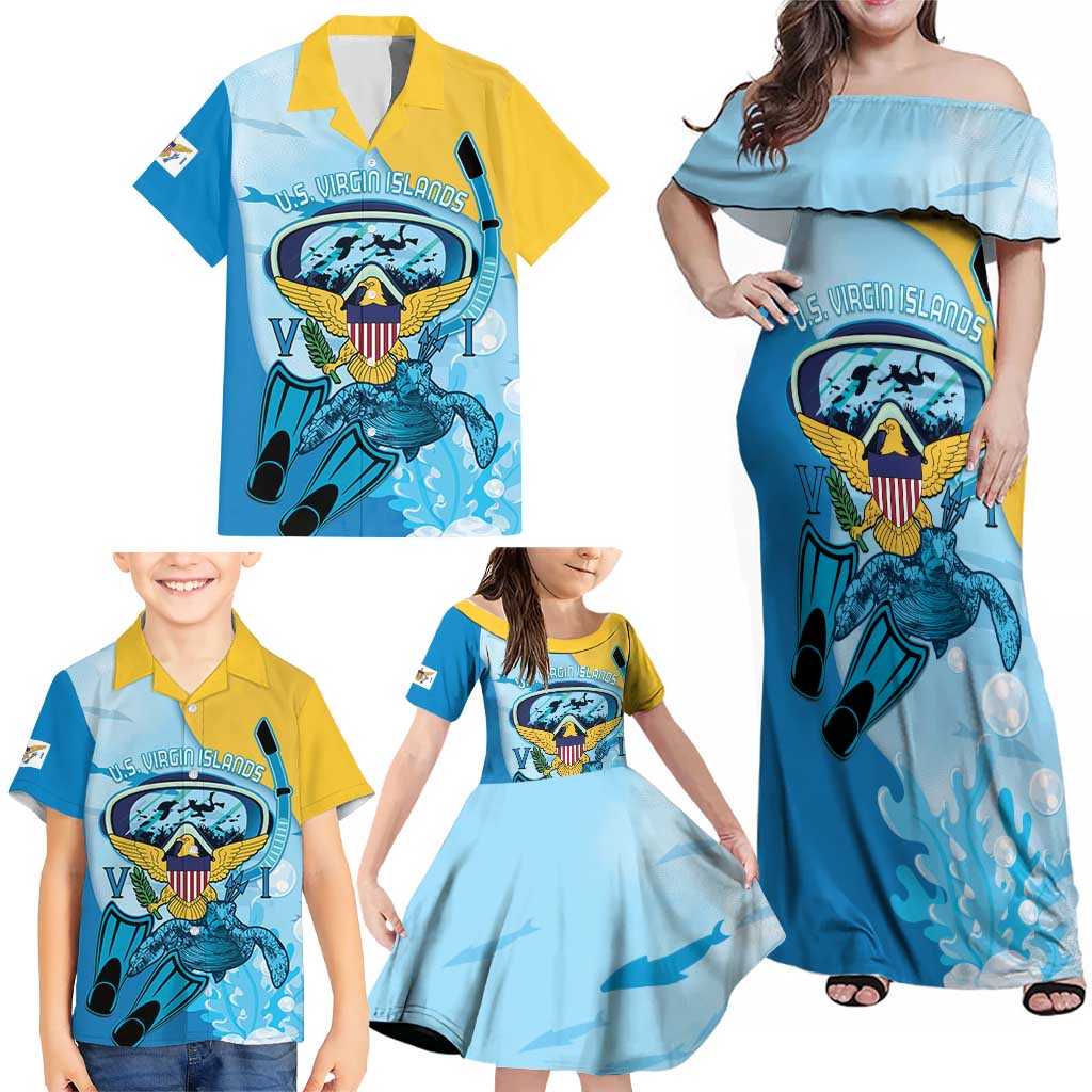 US Virgin Islands Snorkeling Family Matching Off Shoulder Maxi Dress and Hawaiian Shirt Sea Turtle Snorkel Ocean Style - Wonder Print Shop