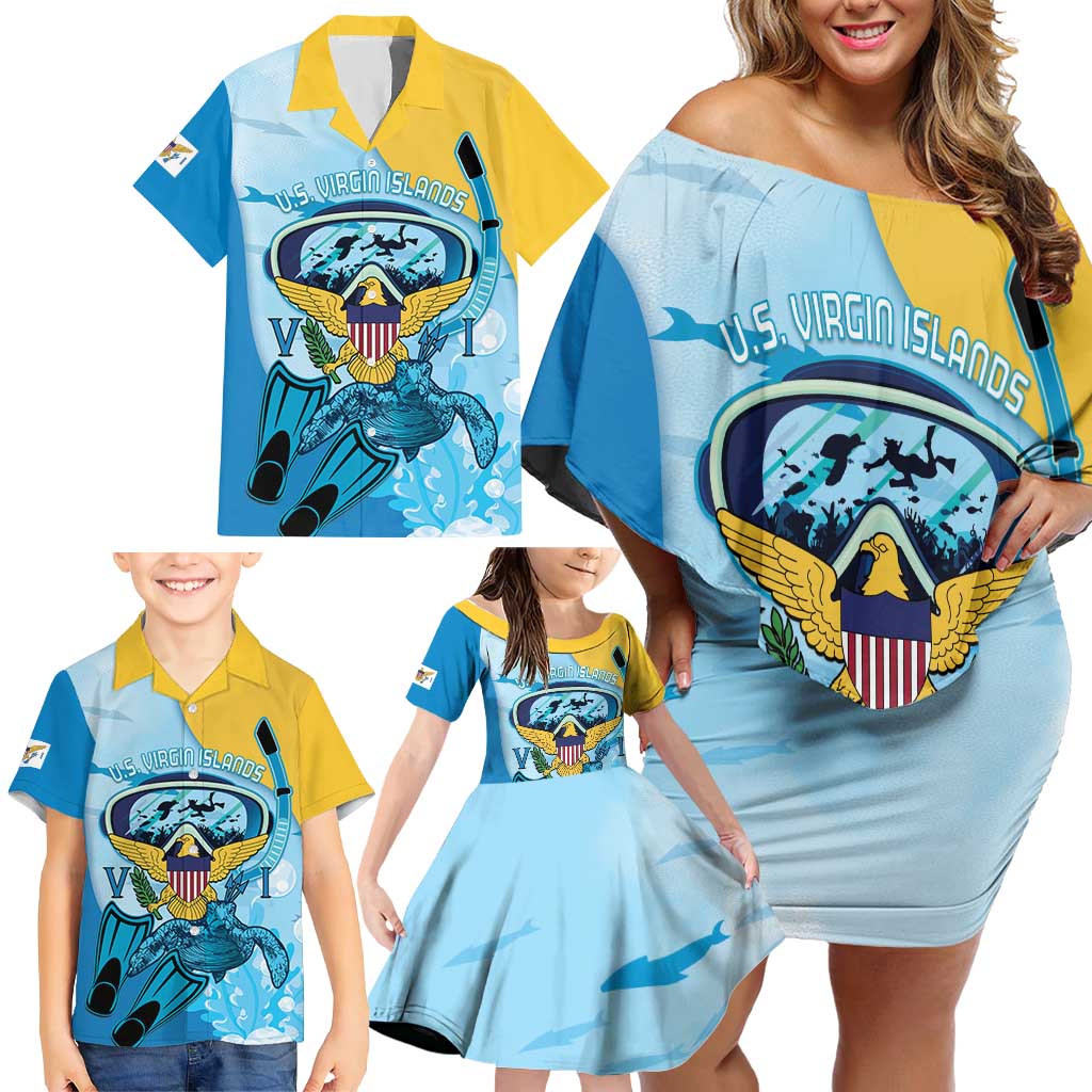 US Virgin Islands Snorkeling Family Matching Off Shoulder Short Dress and Hawaiian Shirt Sea Turtle Snorkel Ocean Style - Wonder Print Shop