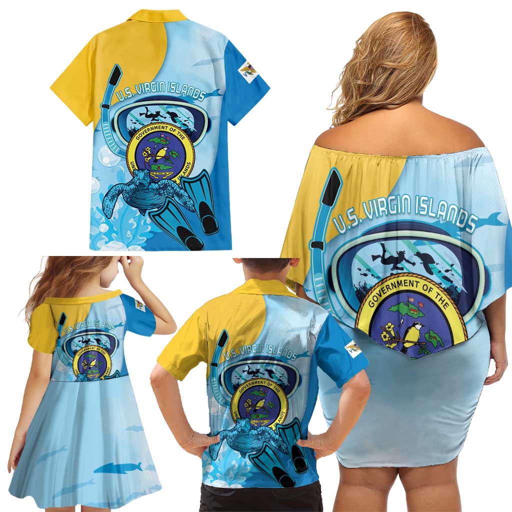 US Virgin Islands Snorkeling Family Matching Off Shoulder Short Dress and Hawaiian Shirt Sea Turtle Snorkel Ocean Style - Wonder Print Shop