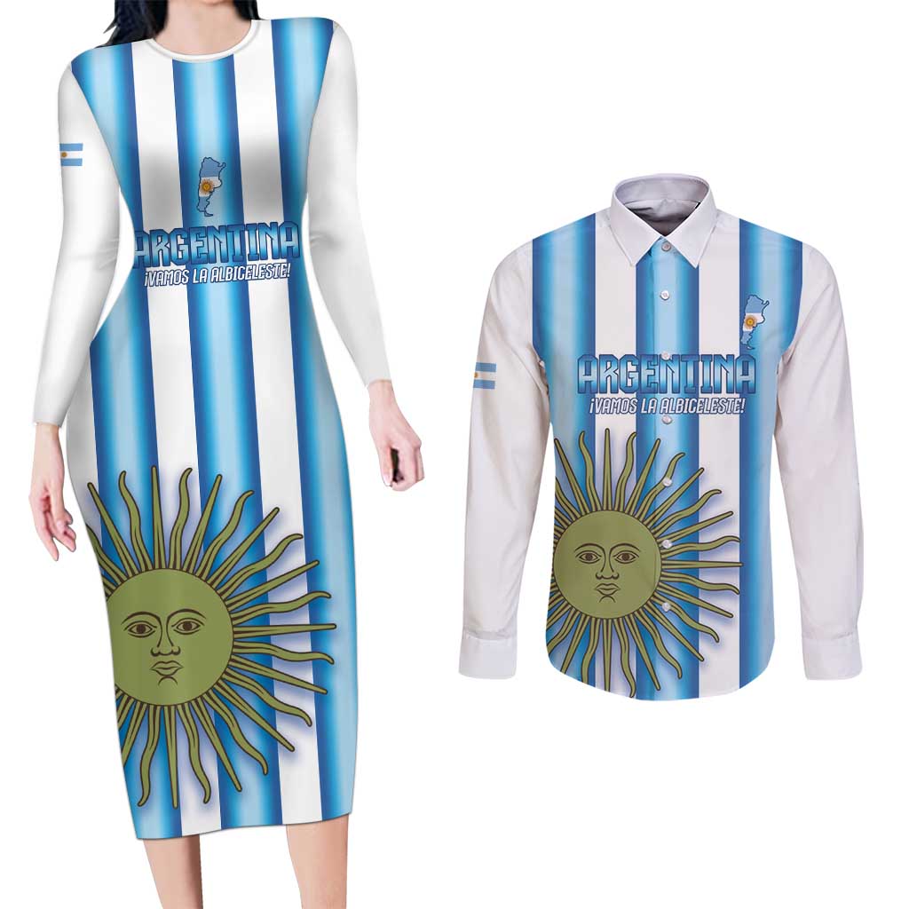Argentina Football Custom Couples Matching Long Sleeve Bodycon Dress and Long Sleeve Button Shirt Vamos La Albiceleste 2026 Version - Wonder Print Shop