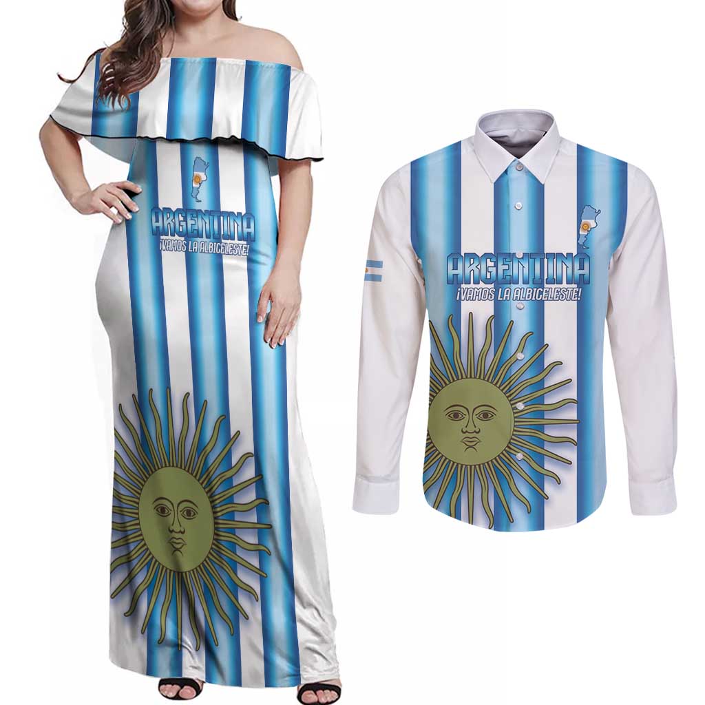 Argentina Football Custom Couples Matching Off Shoulder Maxi Dress and Long Sleeve Button Shirt Vamos La Albiceleste 2026 Version - Wonder Print Shop
