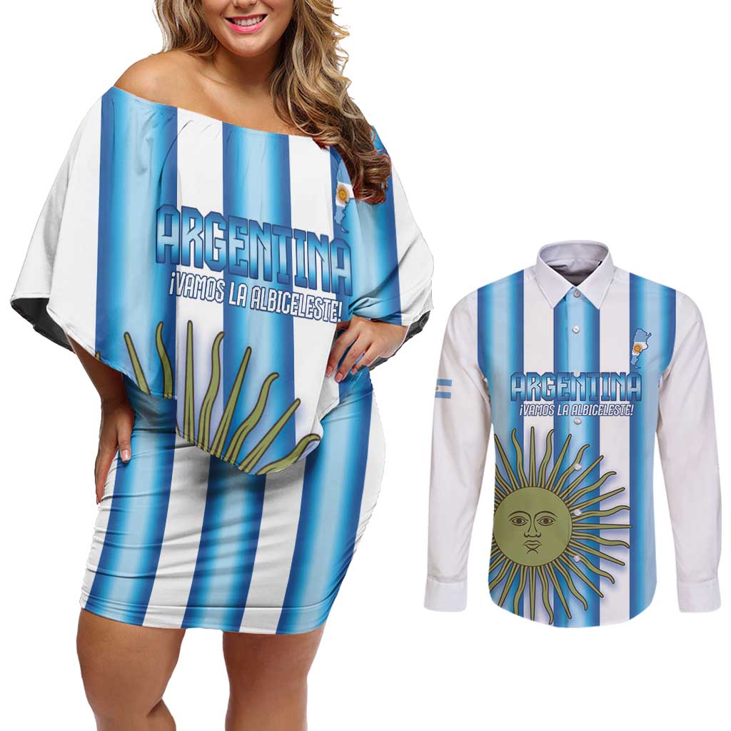 Argentina Football Custom Couples Matching Off Shoulder Short Dress and Long Sleeve Button Shirt Vamos La Albiceleste 2026 Version - Wonder Print Shop
