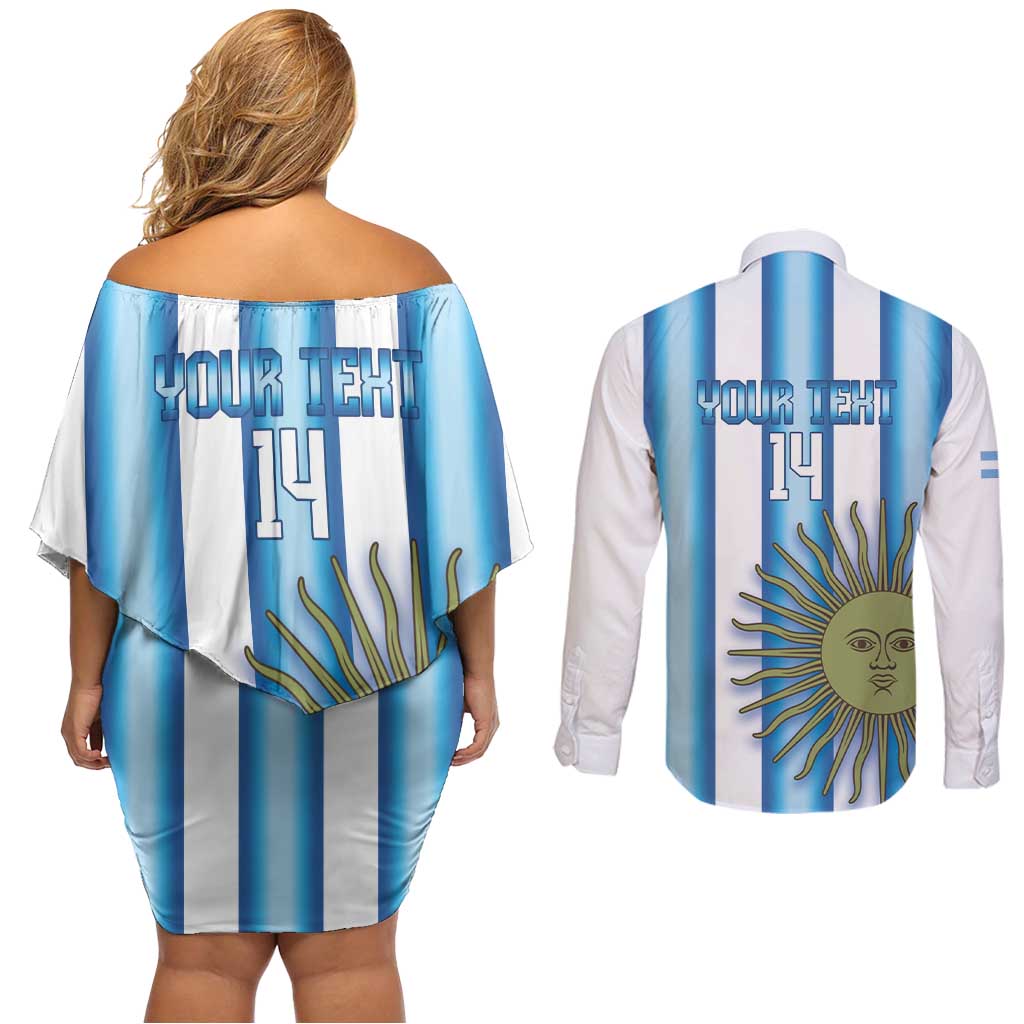 Argentina Football Custom Couples Matching Off Shoulder Short Dress and Long Sleeve Button Shirt Vamos La Albiceleste 2026 Version - Wonder Print Shop