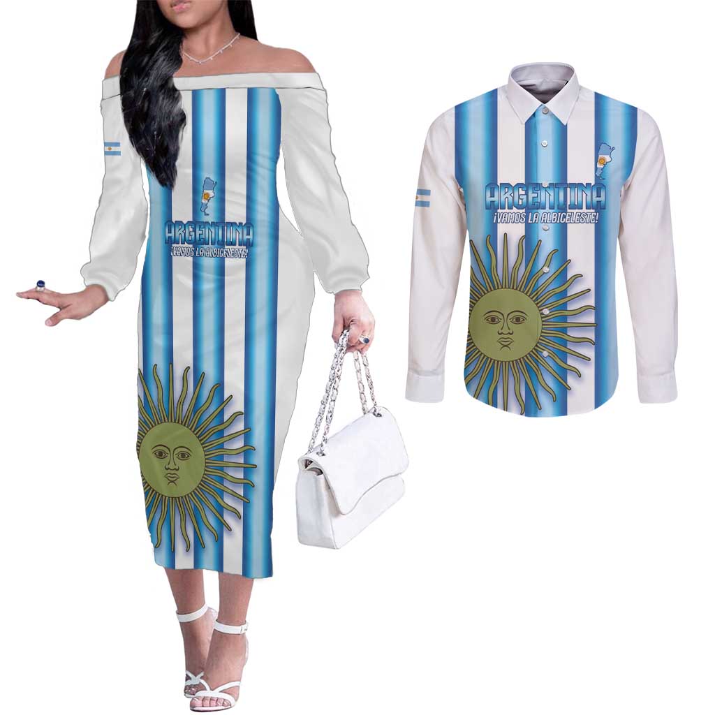 Argentina Football Custom Couples Matching Off The Shoulder Long Sleeve Dress and Long Sleeve Button Shirt Vamos La Albiceleste 2026 Version - Wonder Print Shop