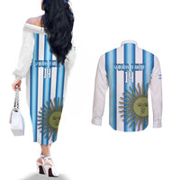 Argentina Football Custom Couples Matching Off The Shoulder Long Sleeve Dress and Long Sleeve Button Shirt Vamos La Albiceleste 2026 Version - Wonder Print Shop