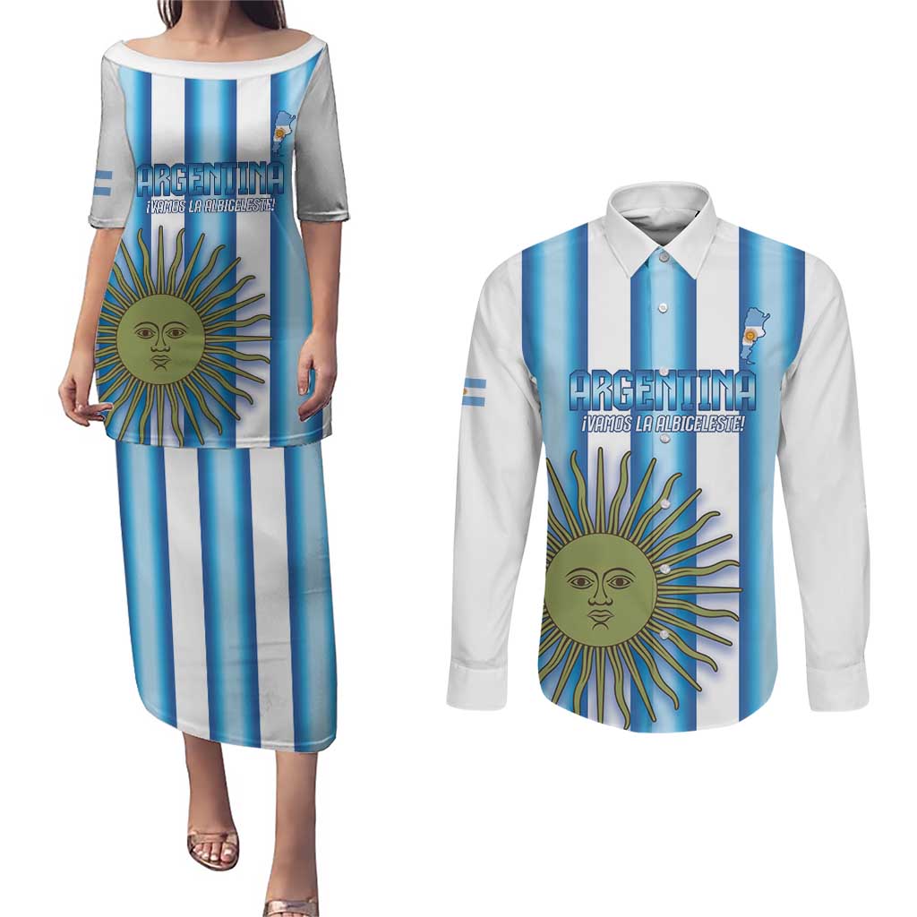 Argentina Football Custom Couples Matching Puletasi and Long Sleeve Button Shirt Vamos La Albiceleste 2026 Version - Wonder Print Shop