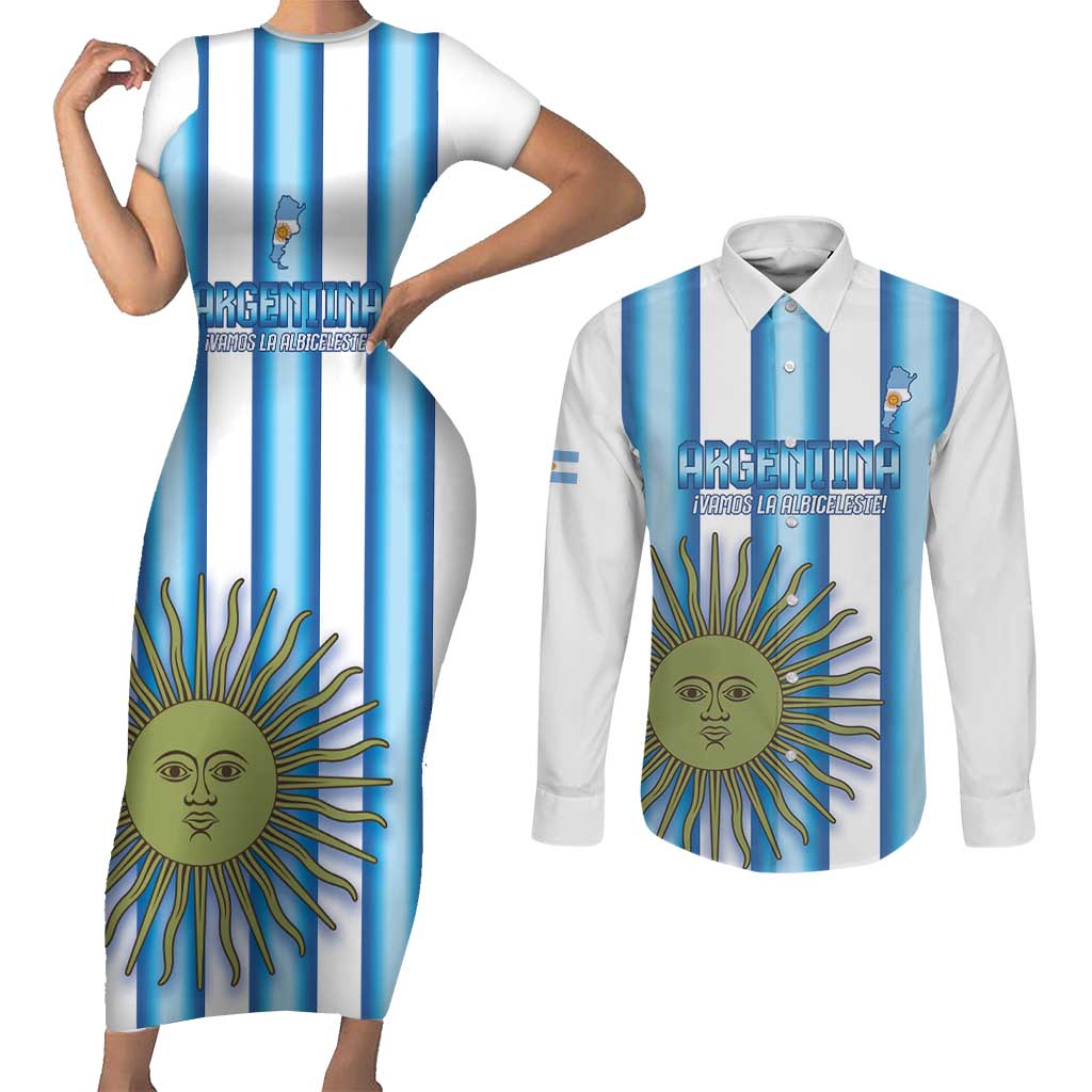 Argentina Football Custom Couples Matching Short Sleeve Bodycon Dress and Long Sleeve Button Shirt Vamos La Albiceleste 2026 Version - Wonder Print Shop