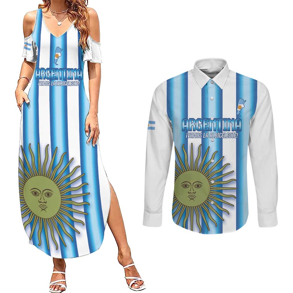 Argentina Football Custom Couples Matching Summer Maxi Dress and Long Sleeve Button Shirt Vamos La Albiceleste 2026 Version - Wonder Print Shop
