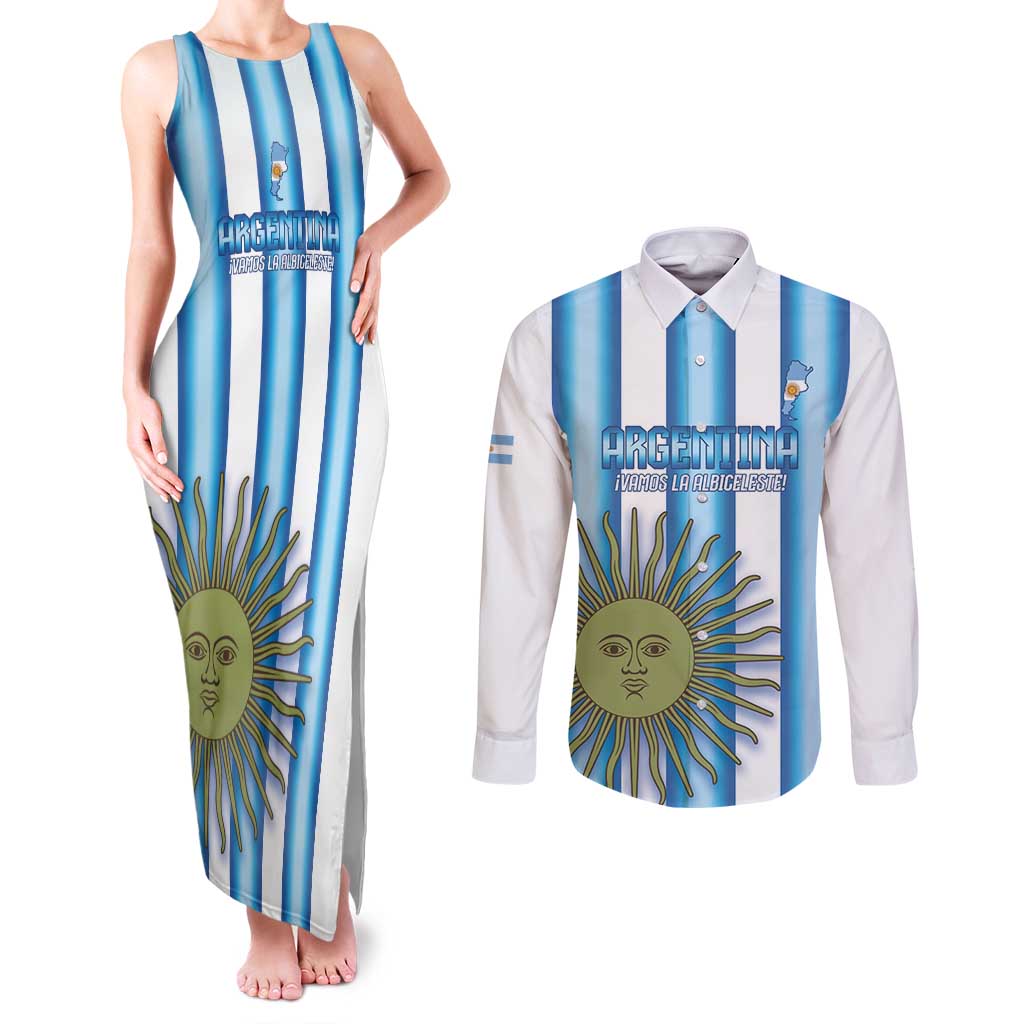 Argentina Football Custom Couples Matching Tank Maxi Dress and Long Sleeve Button Shirt Vamos La Albiceleste 2026 Version - Wonder Print Shop