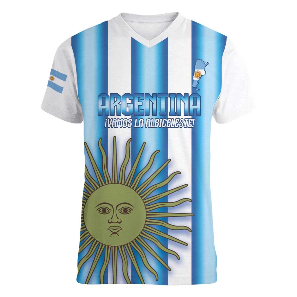 Argentina Football Custom Women V-Neck T-Shirt Vamos La Albiceleste 2026 Version - Wonder Print Shop