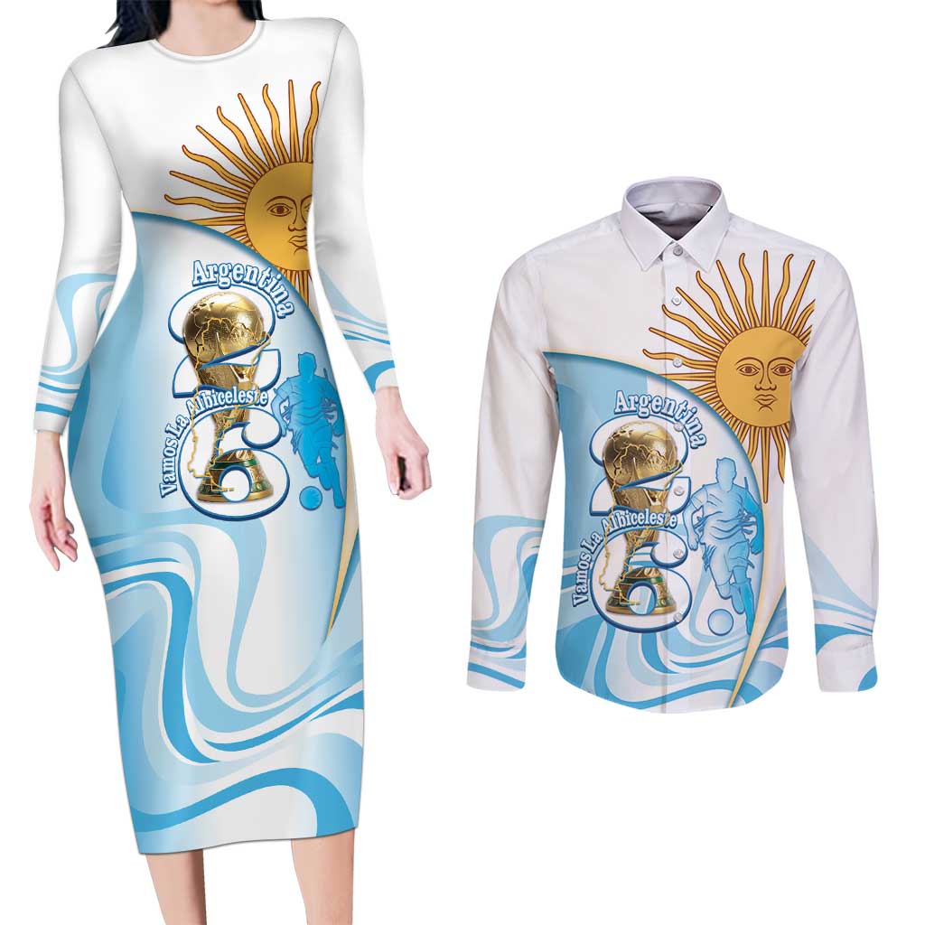 Argentina Football Personalized Couples Matching Long Sleeve Bodycon Dress and Long Sleeve Button Shirt 2026 Trophy Vamos La Albiceleste - Wonder Print Shop