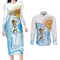 Argentina Football Personalized Couples Matching Long Sleeve Bodycon Dress and Long Sleeve Button Shirt 2026 Trophy Vamos La Albiceleste - Wonder Print Shop