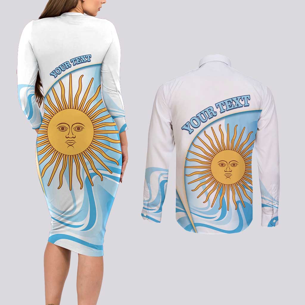 Argentina Football Personalized Couples Matching Long Sleeve Bodycon Dress and Long Sleeve Button Shirt 2026 Trophy Vamos La Albiceleste - Wonder Print Shop