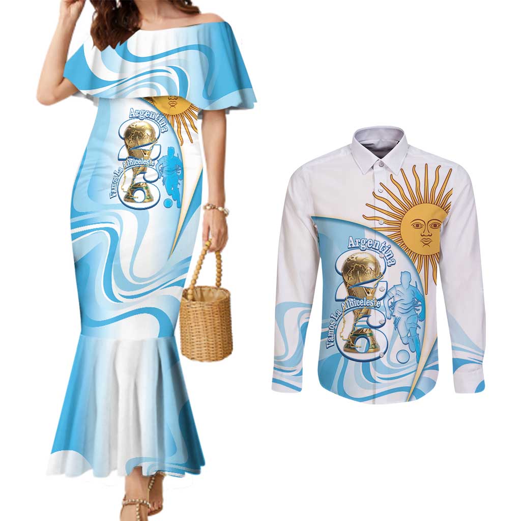 Argentina Football Personalized Couples Matching Mermaid Dress and Long Sleeve Button Shirt 2026 Trophy Vamos La Albiceleste - Wonder Print Shop