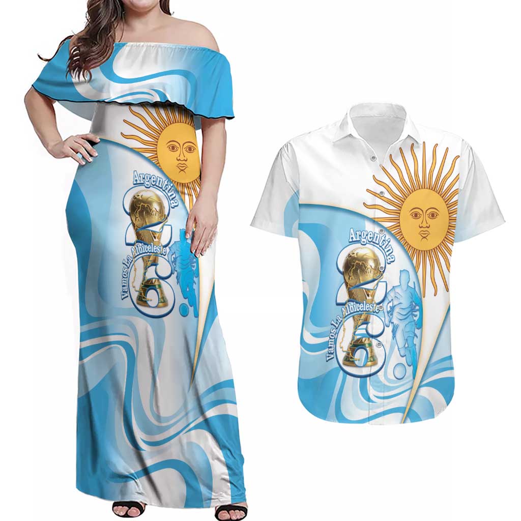 Argentina Football Personalized Couples Matching Off Shoulder Maxi Dress and Hawaiian Shirt 2026 Trophy Vamos La Albiceleste - Wonder Print Shop