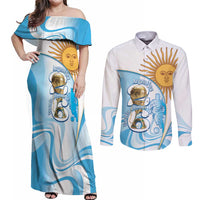 Argentina Football Personalized Couples Matching Off Shoulder Maxi Dress and Long Sleeve Button Shirt 2026 Trophy Vamos La Albiceleste - Wonder Print Shop