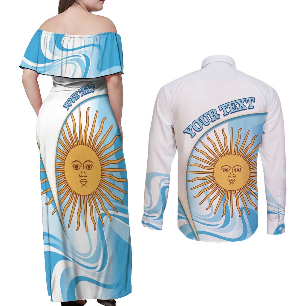Argentina Football Personalized Couples Matching Off Shoulder Maxi Dress and Long Sleeve Button Shirt 2026 Trophy Vamos La Albiceleste - Wonder Print Shop