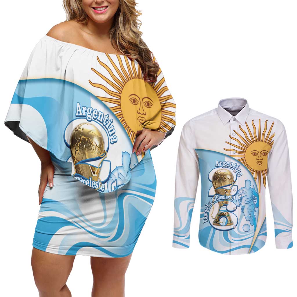 Argentina Football Personalized Couples Matching Off Shoulder Short Dress and Long Sleeve Button Shirt 2026 Trophy Vamos La Albiceleste - Wonder Print Shop