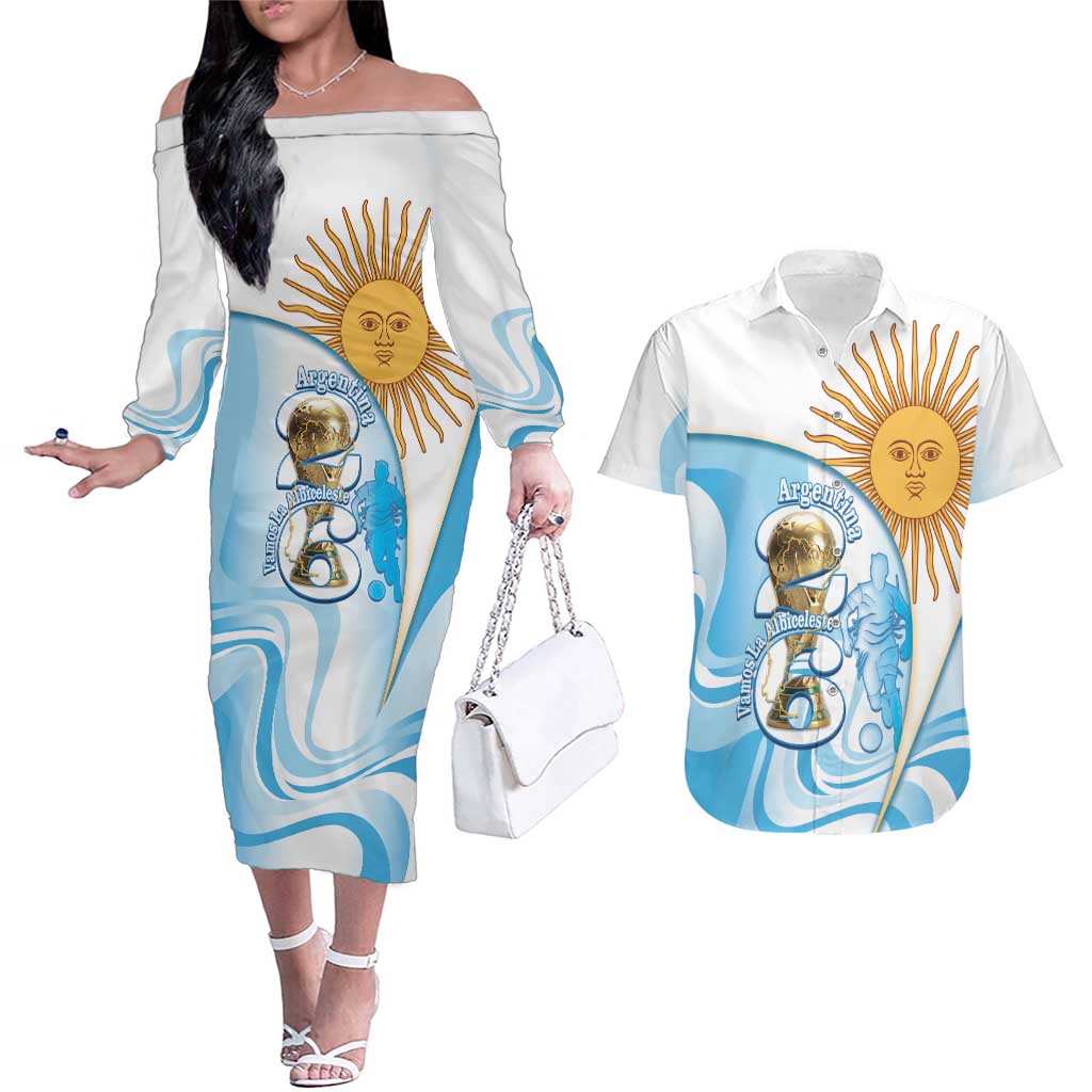 Argentina Football Personalized Couples Matching Off The Shoulder Long Sleeve Dress and Hawaiian Shirt 2026 Trophy Vamos La Albiceleste - Wonder Print Shop