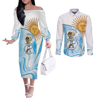 Argentina Football Personalized Couples Matching Off The Shoulder Long Sleeve Dress and Long Sleeve Button Shirt 2026 Trophy Vamos La Albiceleste - Wonder Print Shop