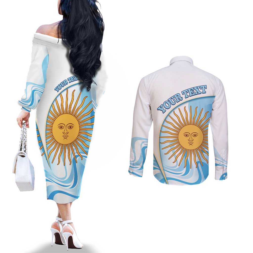Argentina Football Personalized Couples Matching Off The Shoulder Long Sleeve Dress and Long Sleeve Button Shirt 2026 Trophy Vamos La Albiceleste - Wonder Print Shop