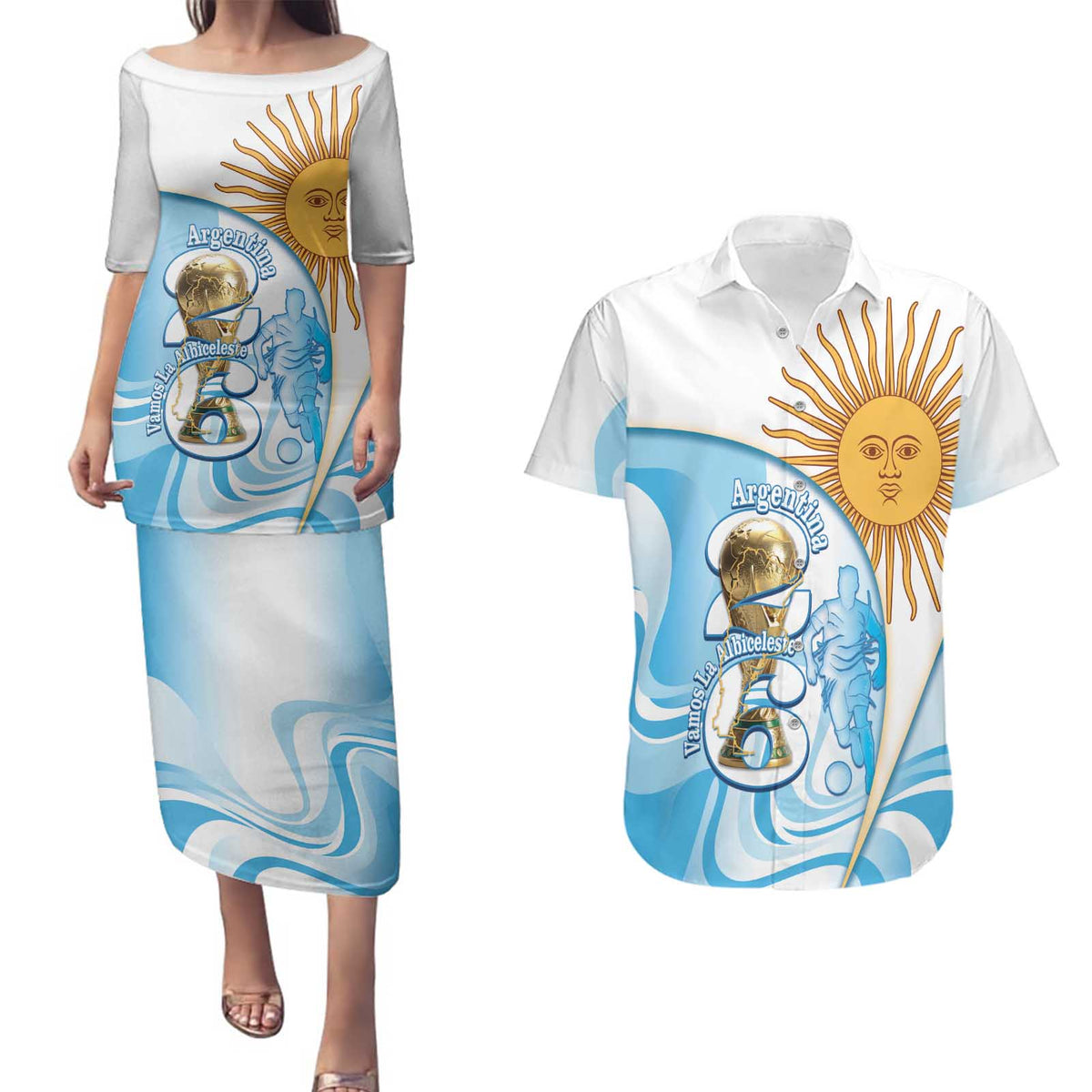 Argentina Football Personalized Couples Matching Puletasi and Hawaiian Shirt 2026 Trophy Vamos La Albiceleste - Wonder Print Shop