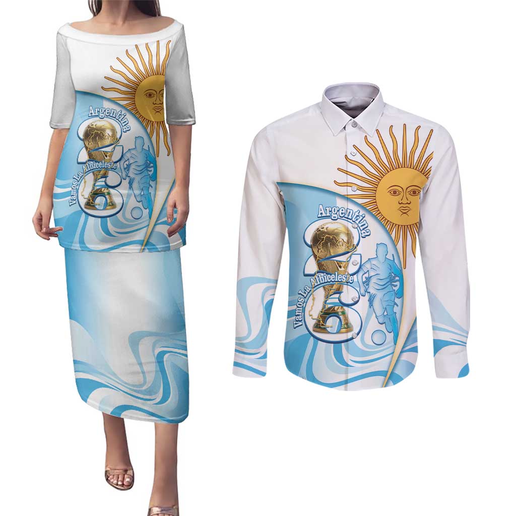 Argentina Football Personalized Couples Matching Puletasi and Long Sleeve Button Shirt 2026 Trophy Vamos La Albiceleste - Wonder Print Shop