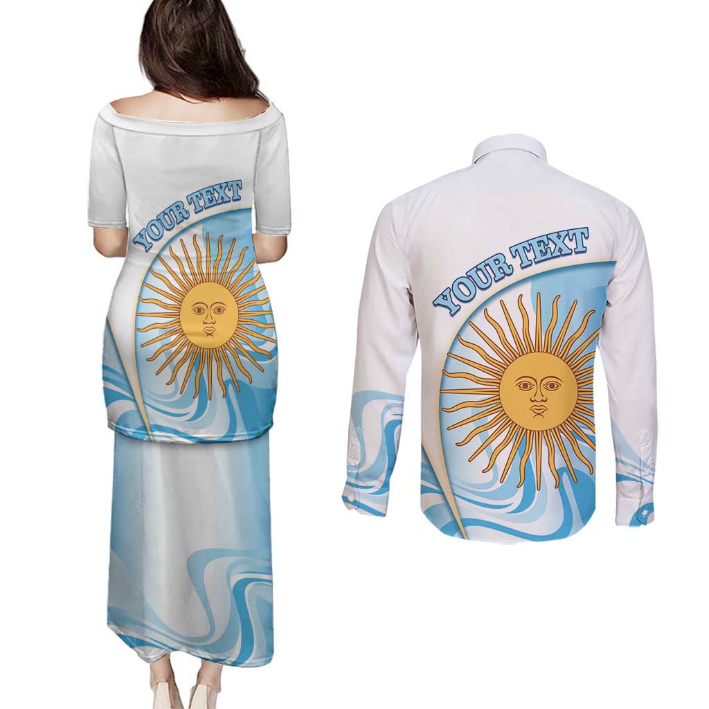 Argentina Football Personalized Couples Matching Puletasi and Long Sleeve Button Shirt 2026 Trophy Vamos La Albiceleste - Wonder Print Shop
