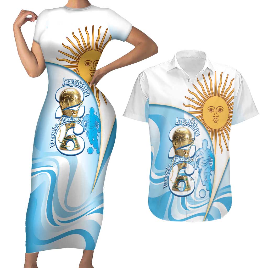 Argentina Football Personalized Couples Matching Short Sleeve Bodycon Dress and Hawaiian Shirt 2026 Trophy Vamos La Albiceleste - Wonder Print Shop