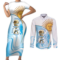 Argentina Football Personalized Couples Matching Short Sleeve Bodycon Dress and Long Sleeve Button Shirt 2026 Trophy Vamos La Albiceleste - Wonder Print Shop