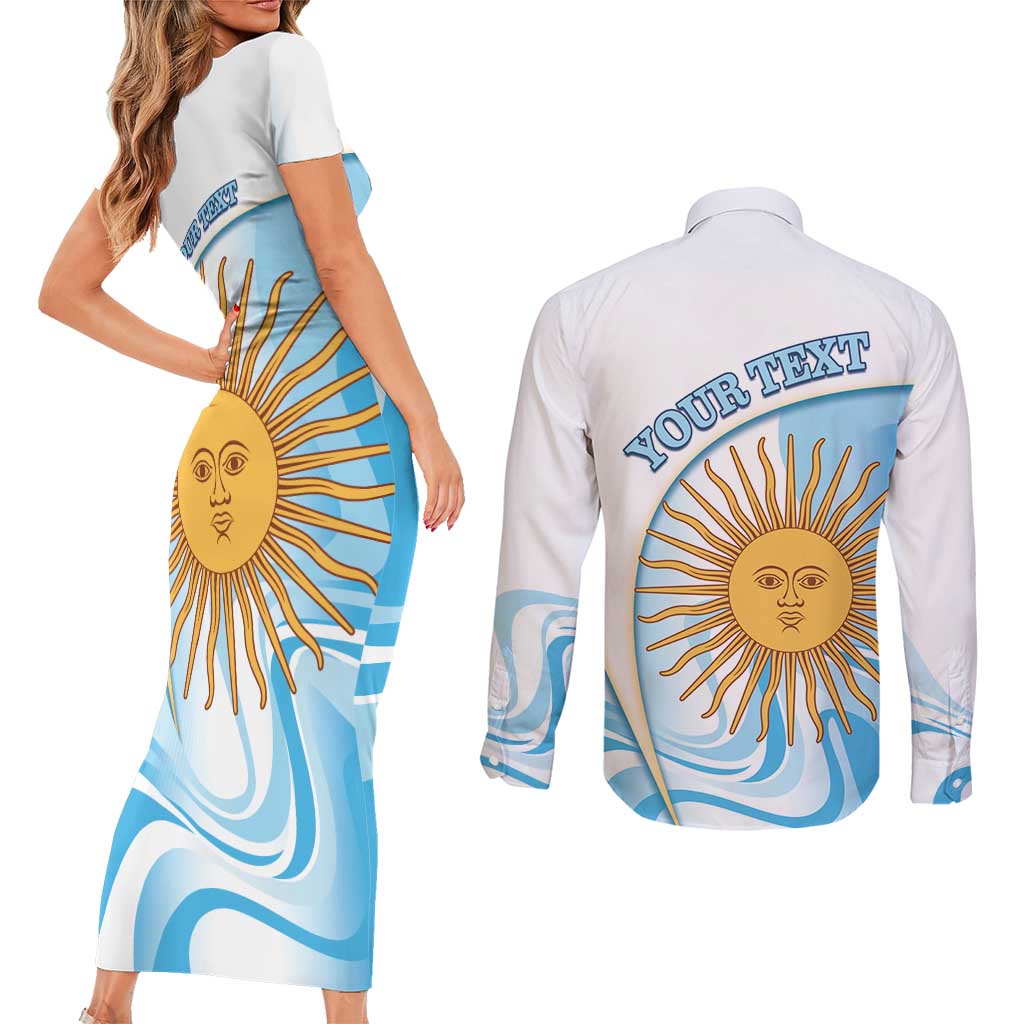 Argentina Football Personalized Couples Matching Short Sleeve Bodycon Dress and Long Sleeve Button Shirt 2026 Trophy Vamos La Albiceleste - Wonder Print Shop