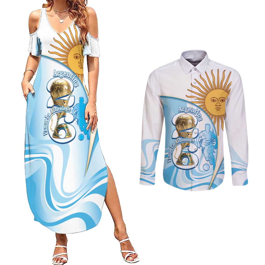 Argentina Football Personalized Couples Matching Summer Maxi Dress and Long Sleeve Button Shirt 2026 Trophy Vamos La Albiceleste - Wonder Print Shop