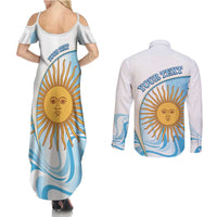 Argentina Football Personalized Couples Matching Summer Maxi Dress and Long Sleeve Button Shirt 2026 Trophy Vamos La Albiceleste - Wonder Print Shop