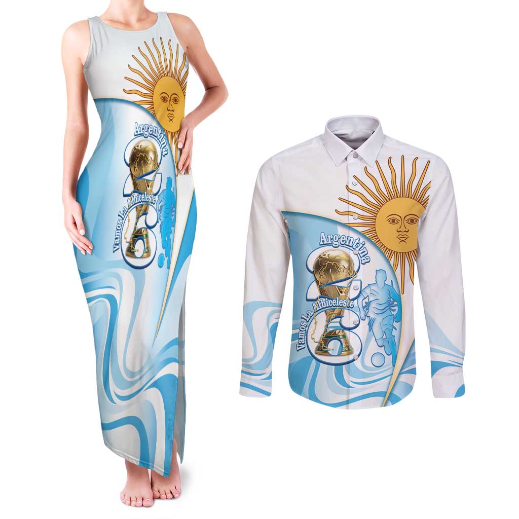 Argentina Football Personalized Couples Matching Tank Maxi Dress and Long Sleeve Button Shirt 2026 Trophy Vamos La Albiceleste - Wonder Print Shop