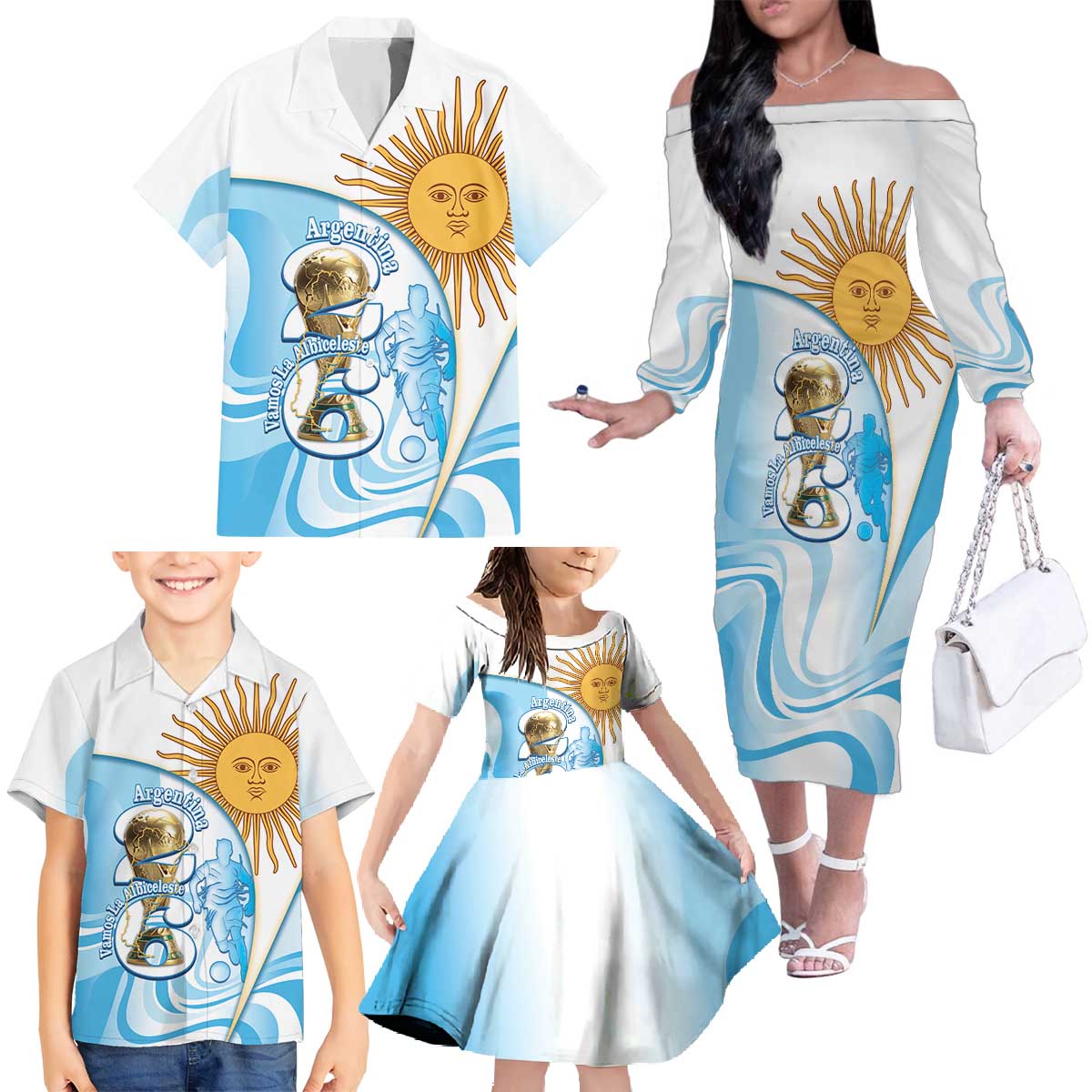Argentina Football Personalized Family Matching Off The Shoulder Long Sleeve Dress and Hawaiian Shirt 2026 Trophy Vamos La Albiceleste - Wonder Print Shop