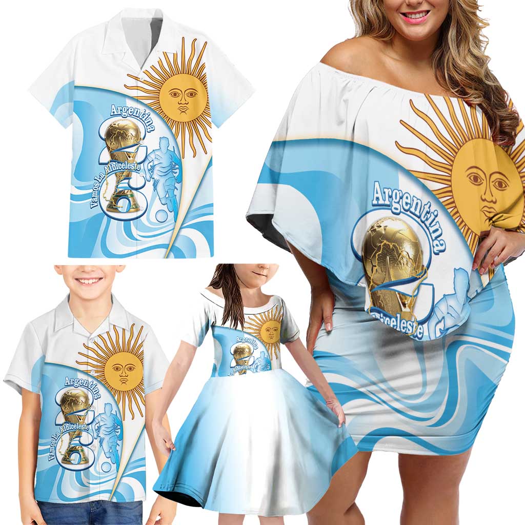Argentina Football Personalized Family Matching Off Shoulder Short Dress and Hawaiian Shirt 2026 Trophy Vamos La Albiceleste - Wonder Print Shop