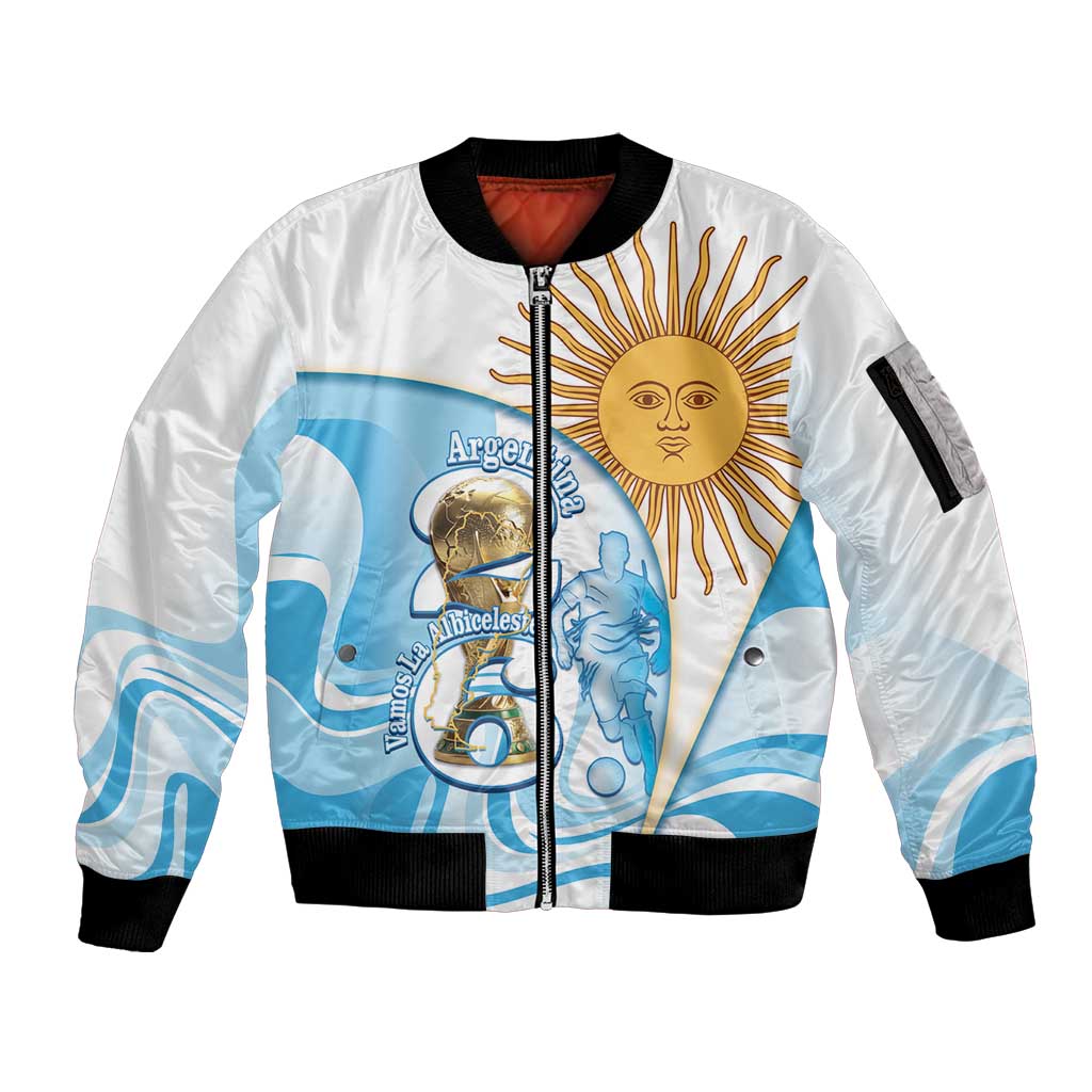 Argentina Football Personalized Sleeve Zip Bomber Jacket 2026 Trophy Vamos La Albiceleste - Wonder Print Shop