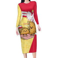 Personalised Poland Pierogi Long Sleeve Bodycon Dress Polish Dumplings With Coat Of Arms