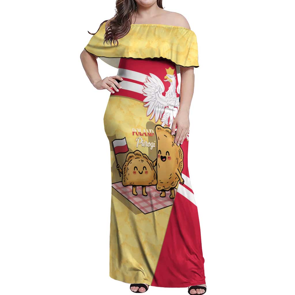 Personalised Poland Pierogi Off Shoulder Maxi Dress Polish Dumplings With Coat Of Arms