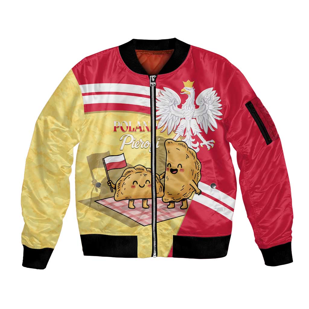 Personalised Poland Pierogi Sleeve Zip Bomber Jacket Polish Dumplings With Coat Of Arms