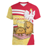 Personalised Poland Pierogi Women V-Neck T-Shirt Polish Dumplings With Coat Of Arms