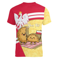 Personalised Poland Pierogi Women V-Neck T-Shirt Polish Dumplings With Coat Of Arms