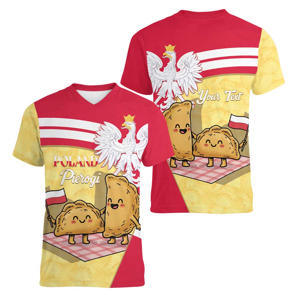 Personalised Poland Pierogi Women V-Neck T-Shirt Polish Dumplings With Coat Of Arms